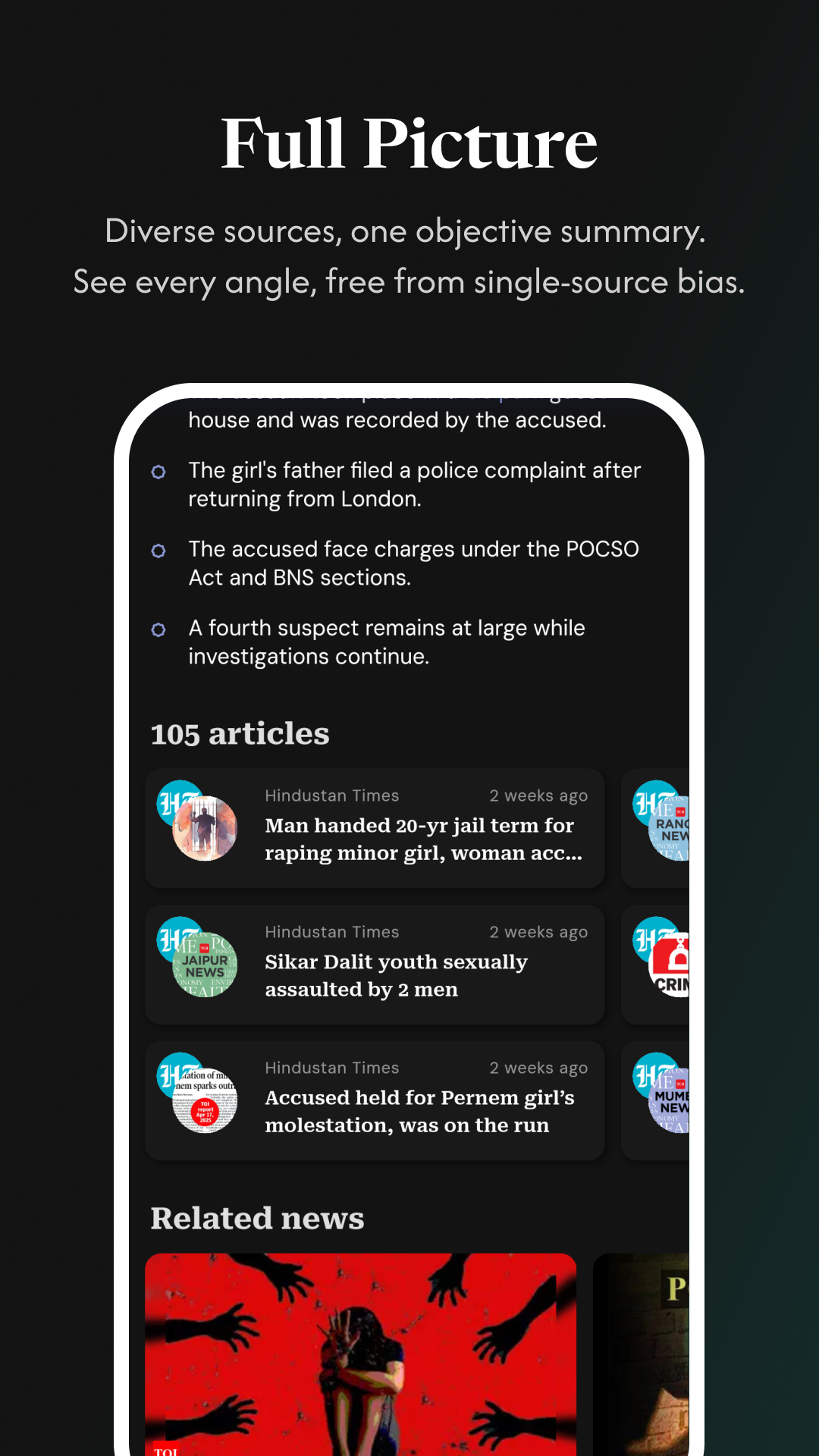 Full Picture feature showing multi-source news summaries